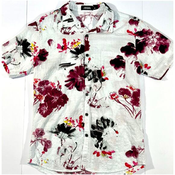 Jogal Mens Button Down Short Sleeve Hawaiian Floral Print Linen Style Medium - Picture 1 of 5